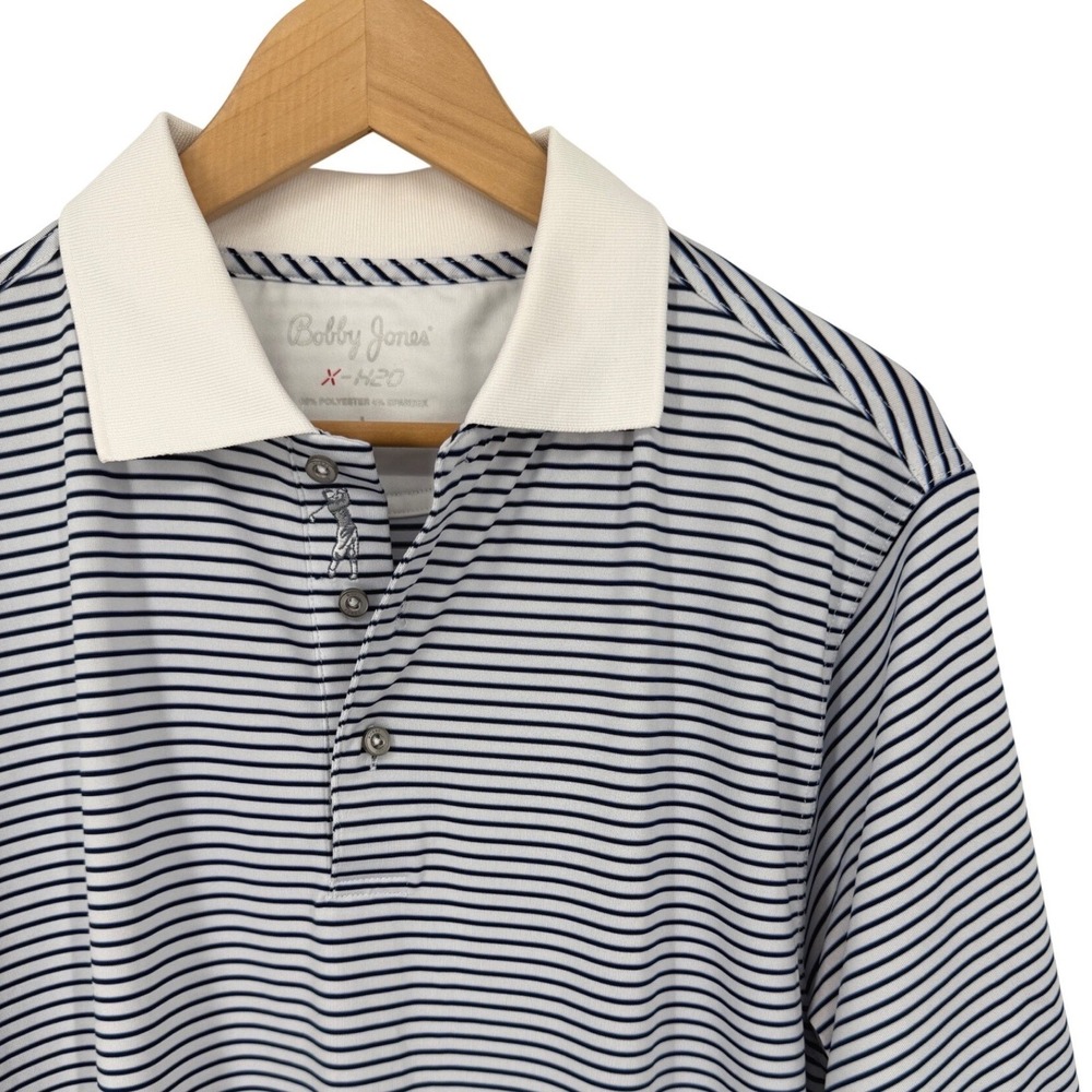 Bobby Jones X-H20 Striped Golf Polo Mens L White Navy Blue Short Sleeve Shirt